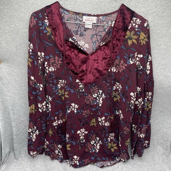 Ariat Roulette Top Womens Small Maroon Long Sleeve Rayon Floral Bohemian Tassels - Picture 1 of 6